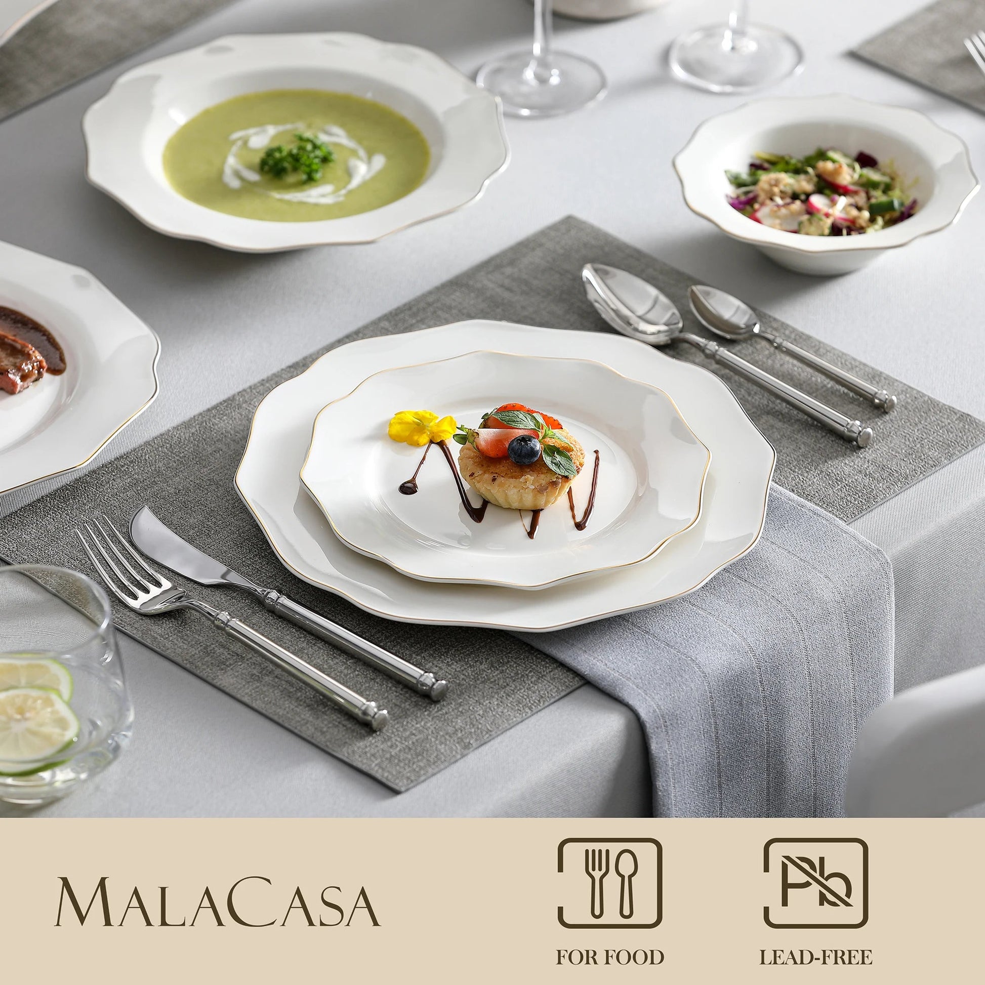 MALACASA 16/32-PIECE Nordic European Golden Rim White Porcelain Tableware Set with Bowl,Dinner&Dessert&Soup Plate Set for 4/8 The Pet & Home Store