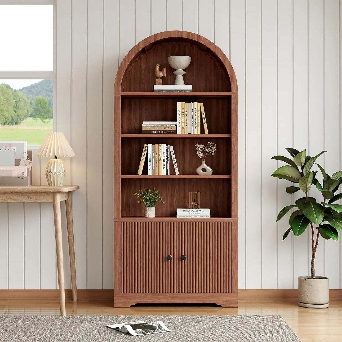 Arched Bookcase With Storage Door 6 Tier Freestanding Cabinet Farmhouse