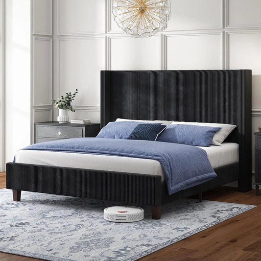 Queen Size Bed Frame with 50.8" Tall Wingback Headboard, Modern Corduroy Upholstered Platform Bed Frame with Solid, Customized