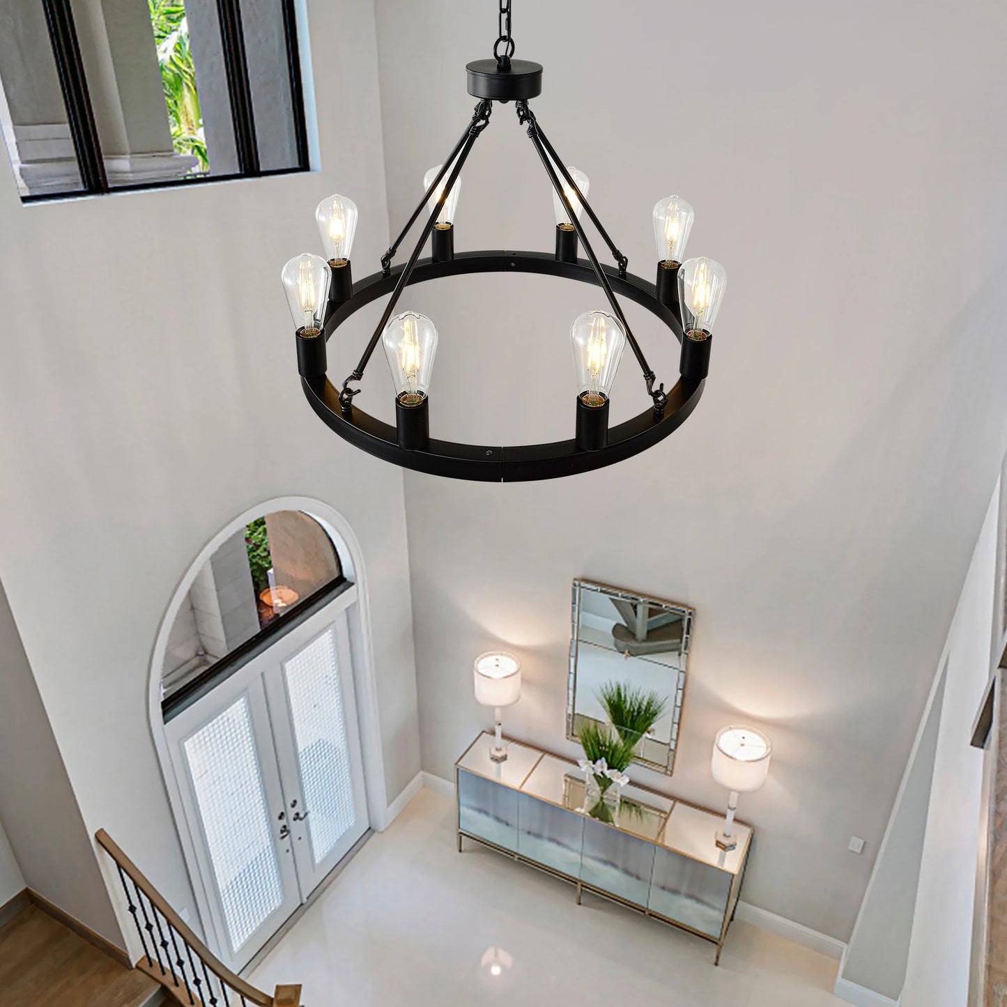 Six-Light Wagon Wheel Chandelier, Farmhouse Modern