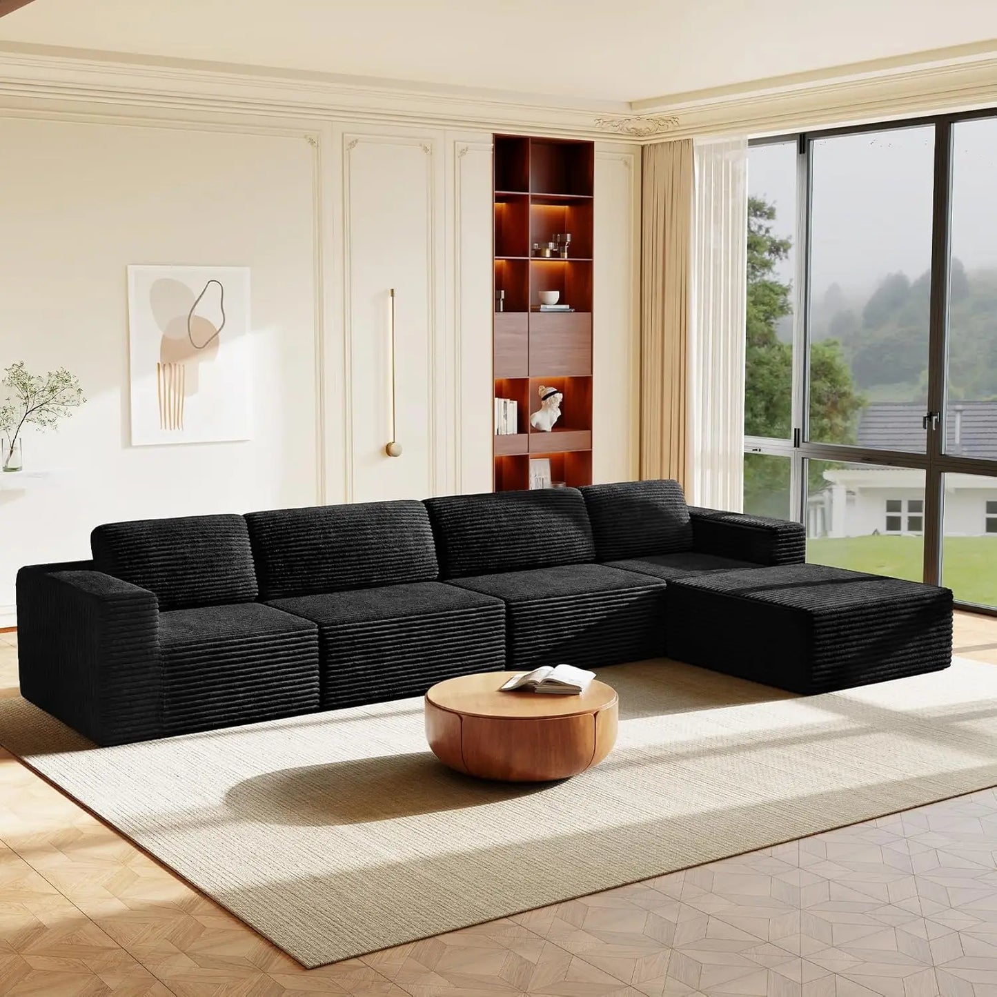 Corduroy L-Shape Modular Sofa With Movable Ottoman Sectional
