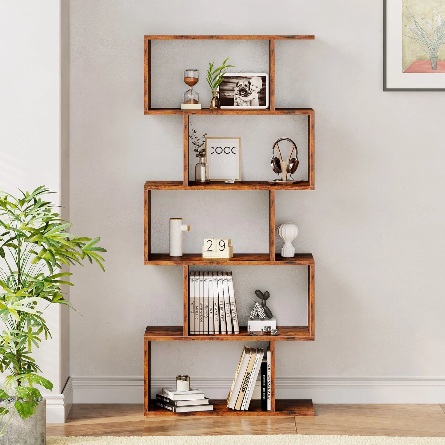 JHK Geometric 5-Tier S-Shaped Wooden Bookshelf For Home Office Display