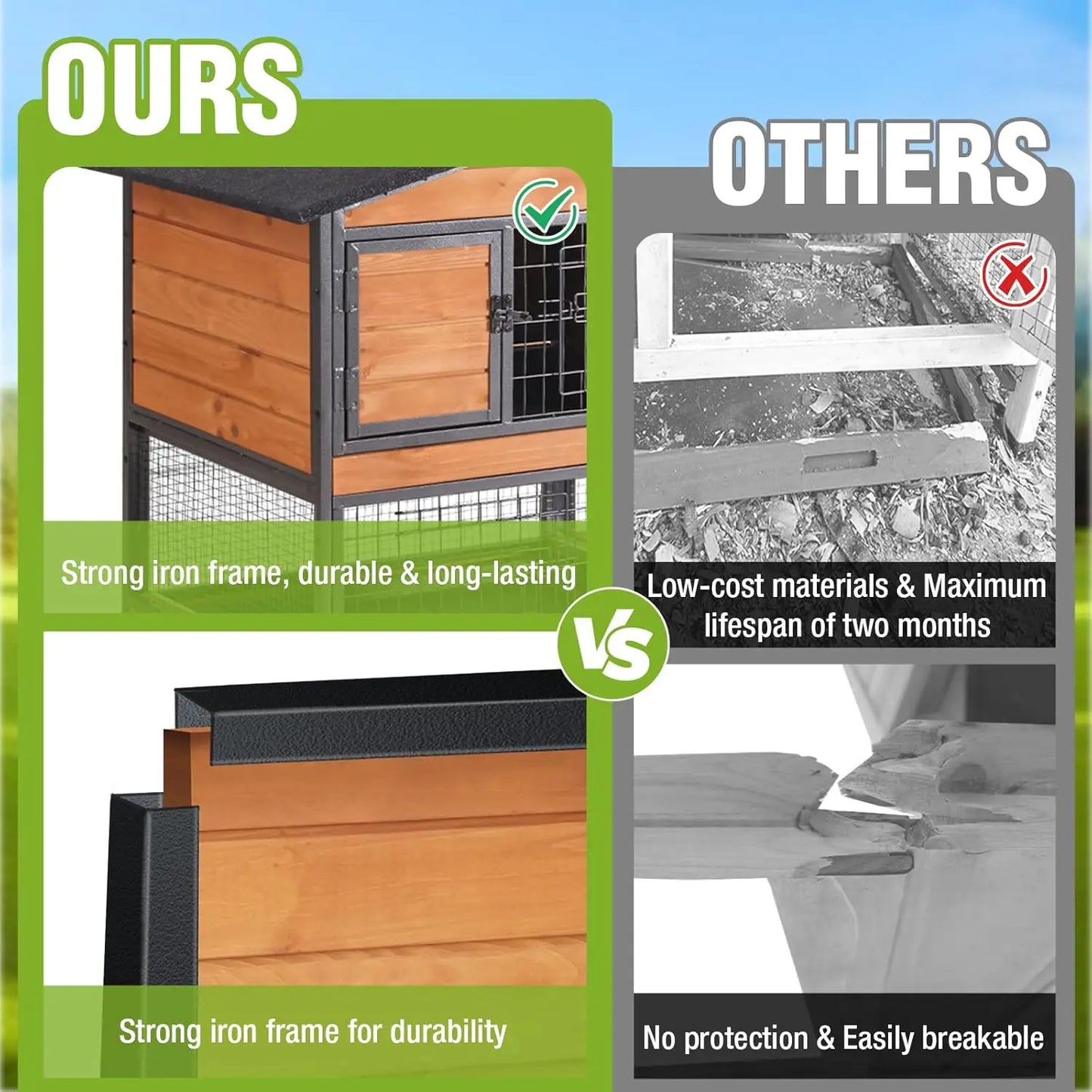 2-Story Chew-Proof Rabbit Hutch With Metal Frame For Indoor Outdoor