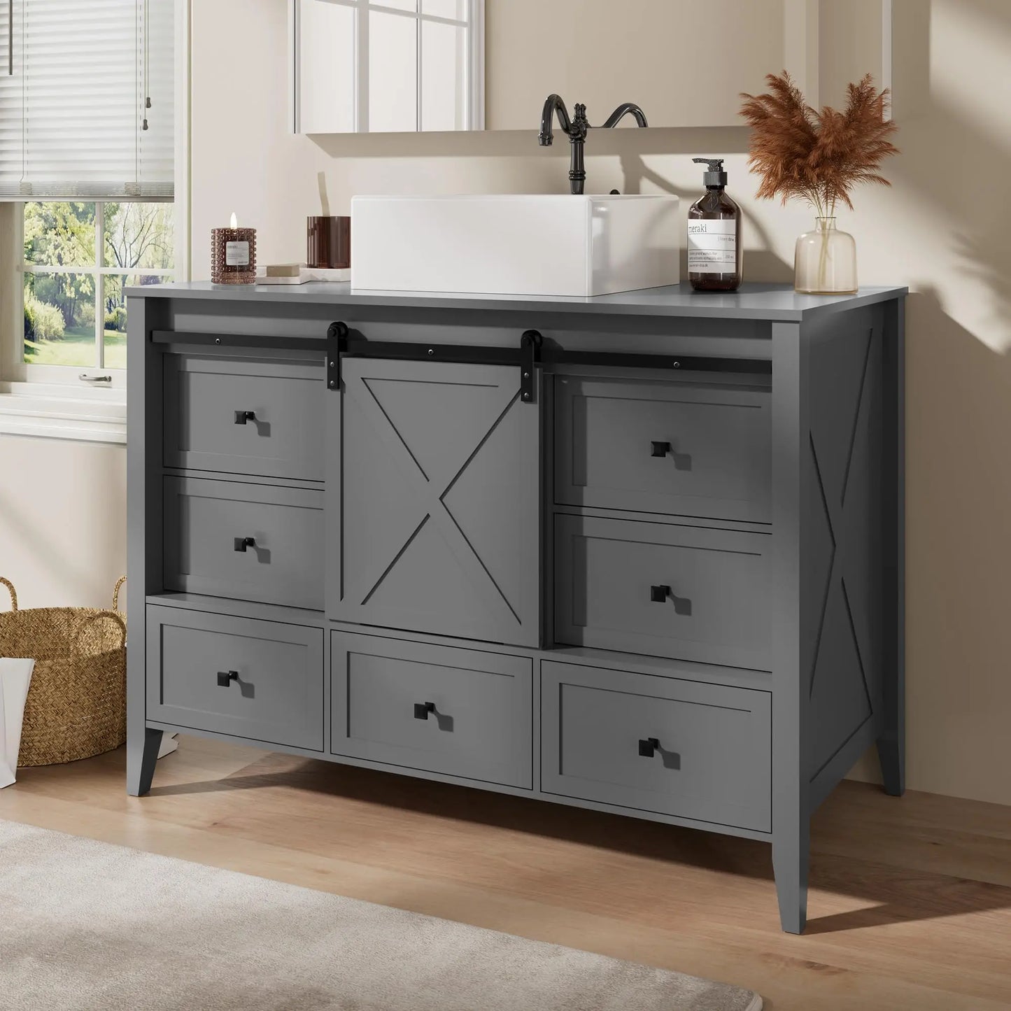 Ceramic Sink Bathroom Vanity With Freestanding Farmhouse Sliding Barn Door