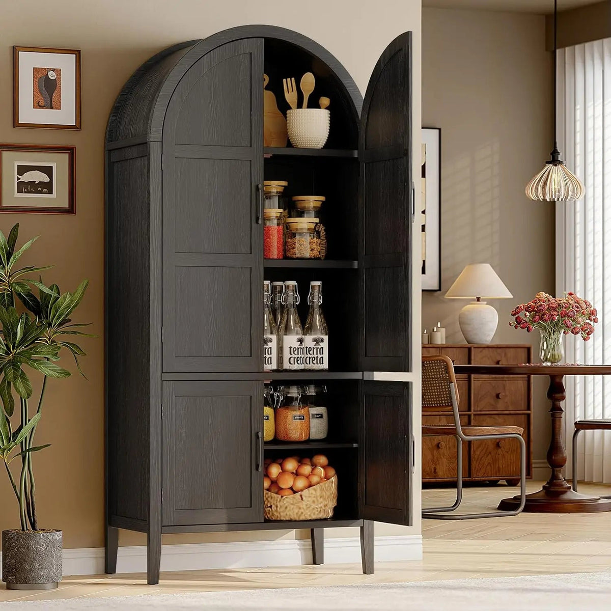 71" Tall Farmhouse Arched Pantry Cabinet, 5-Tier Wooden Storage w/Adjustable Shelves & Feet, Kitchen Cabinet w/Doors for Dining Room Organization The Pet & Home Store