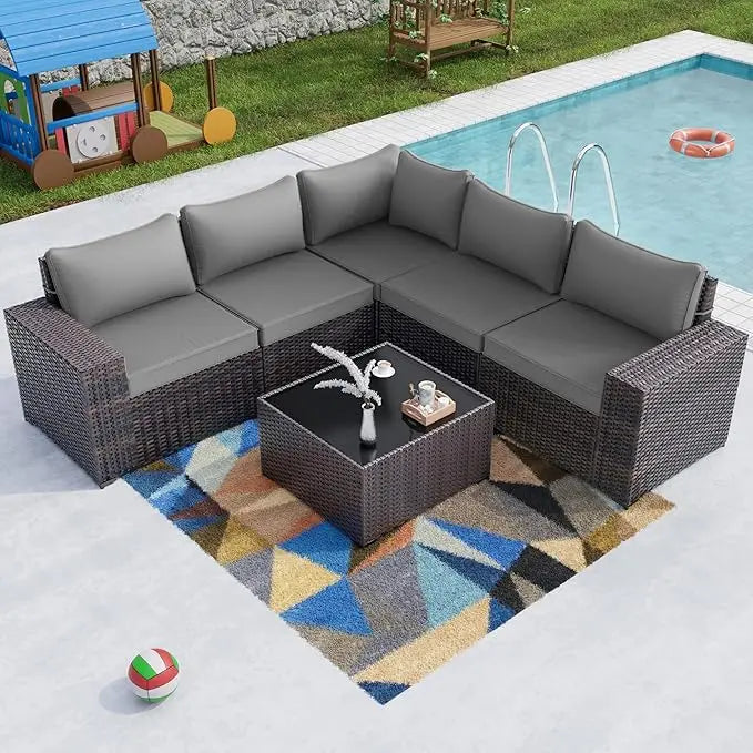 7 Pieces Outdoor Patio Furniture Set,Sectional Rattan Sofa Set Brown PE Rattan Wicker Patio Conversation Set with Tempered Glass The Pet & Home Store