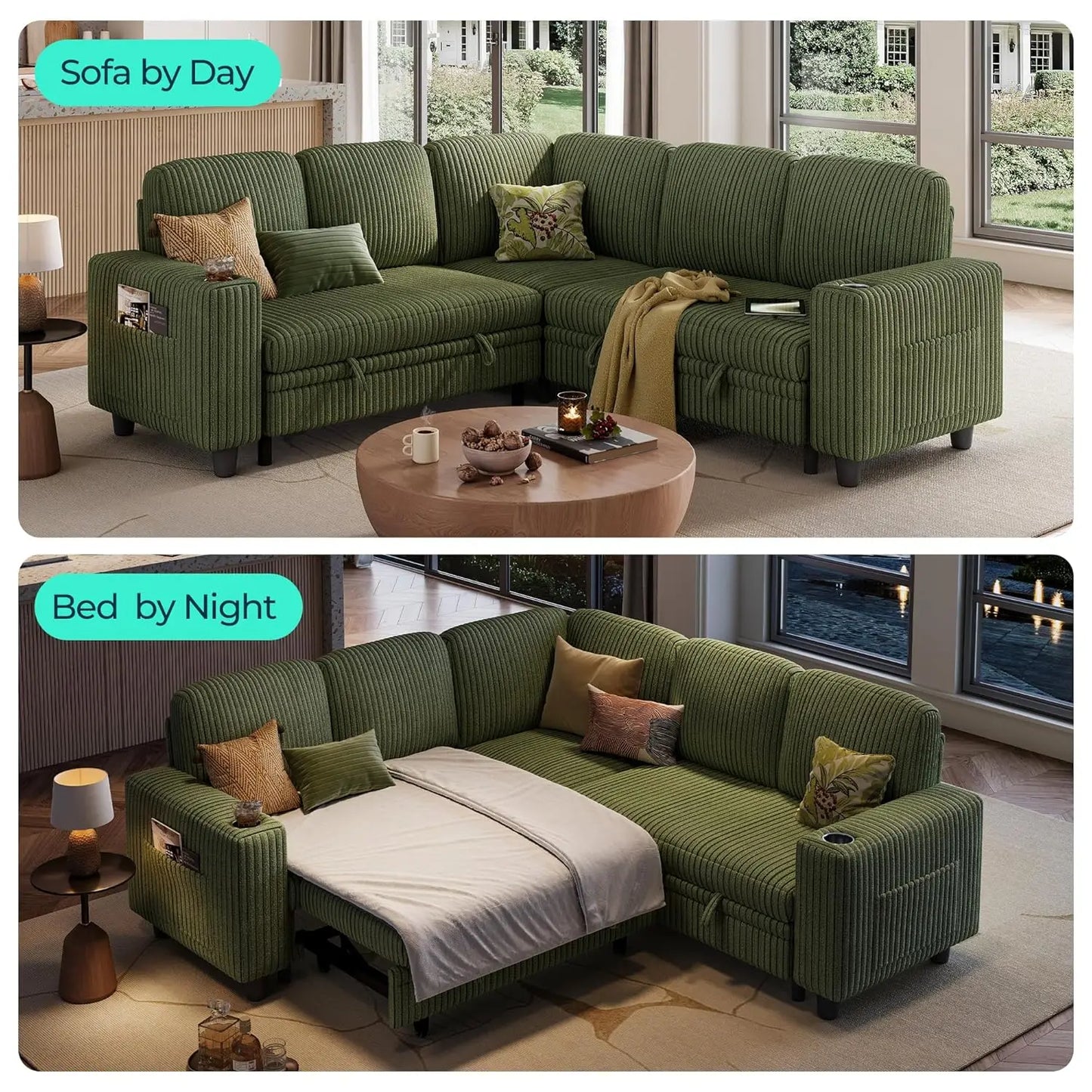 Convertible Sleeper Sectional Sofa With Storage Chaise USB Pullout