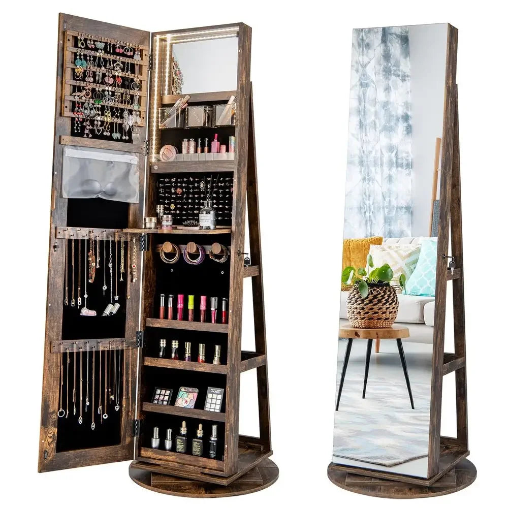 3In1 Mirror Jewelry Cabinet With LED Lights And Lockable Storage