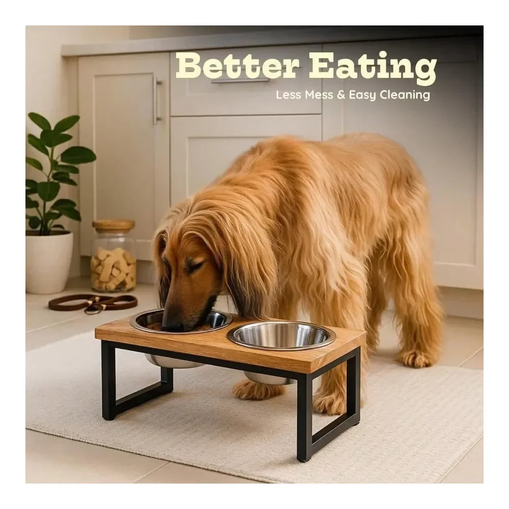 Mango Wood Raised Dog Bowl Stand With Stainless Steel Bowls