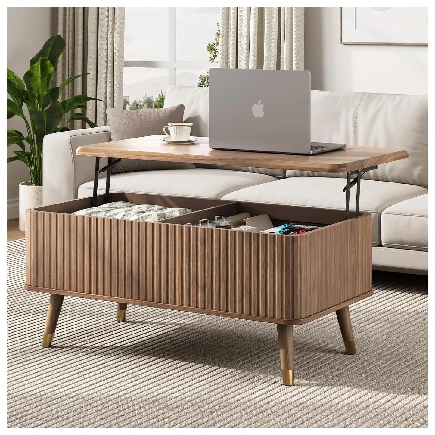 Round Coffee Table With Hidden Storage Walnut Wood Drum Table