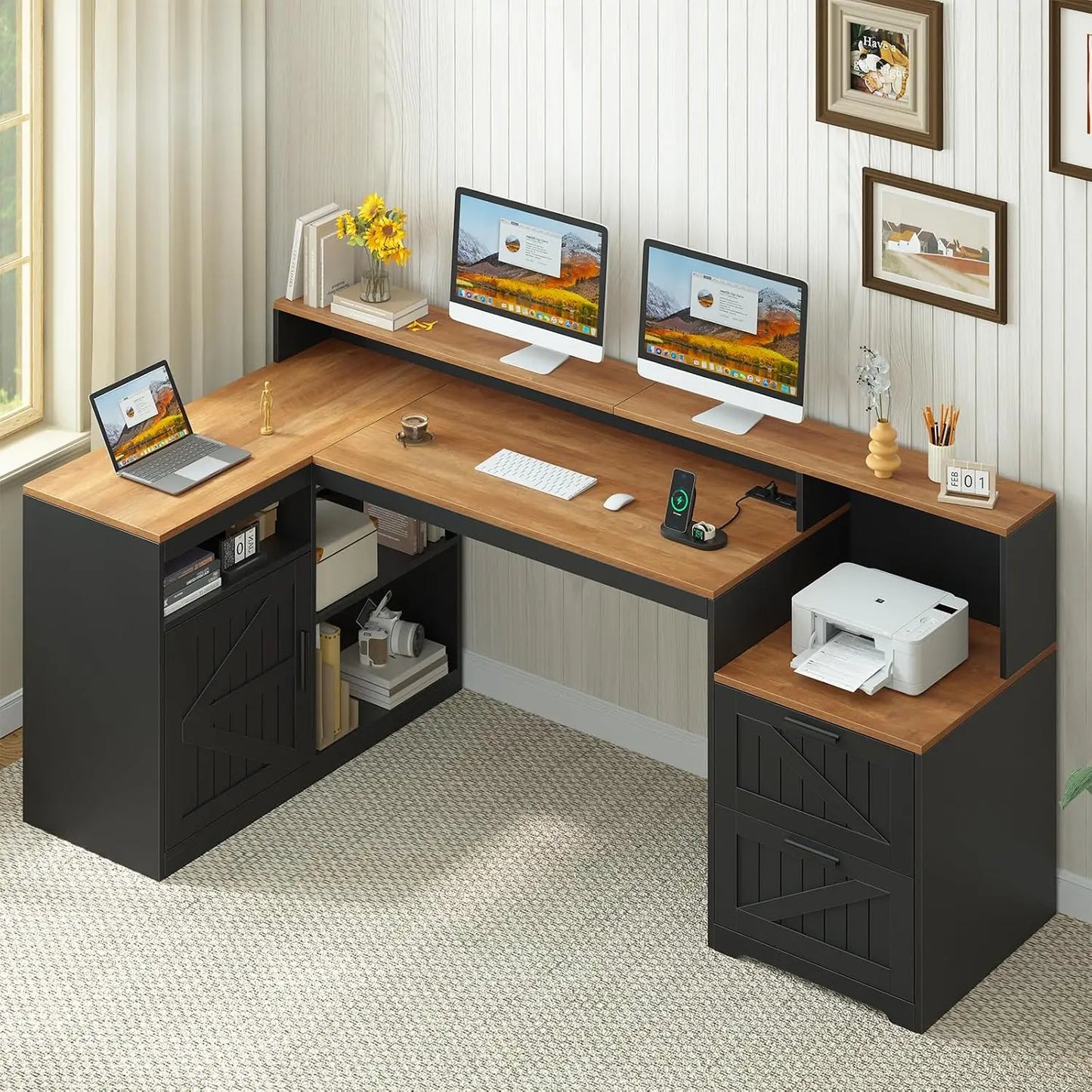L Shaped Home Office Desk With USB Outlet And Storage