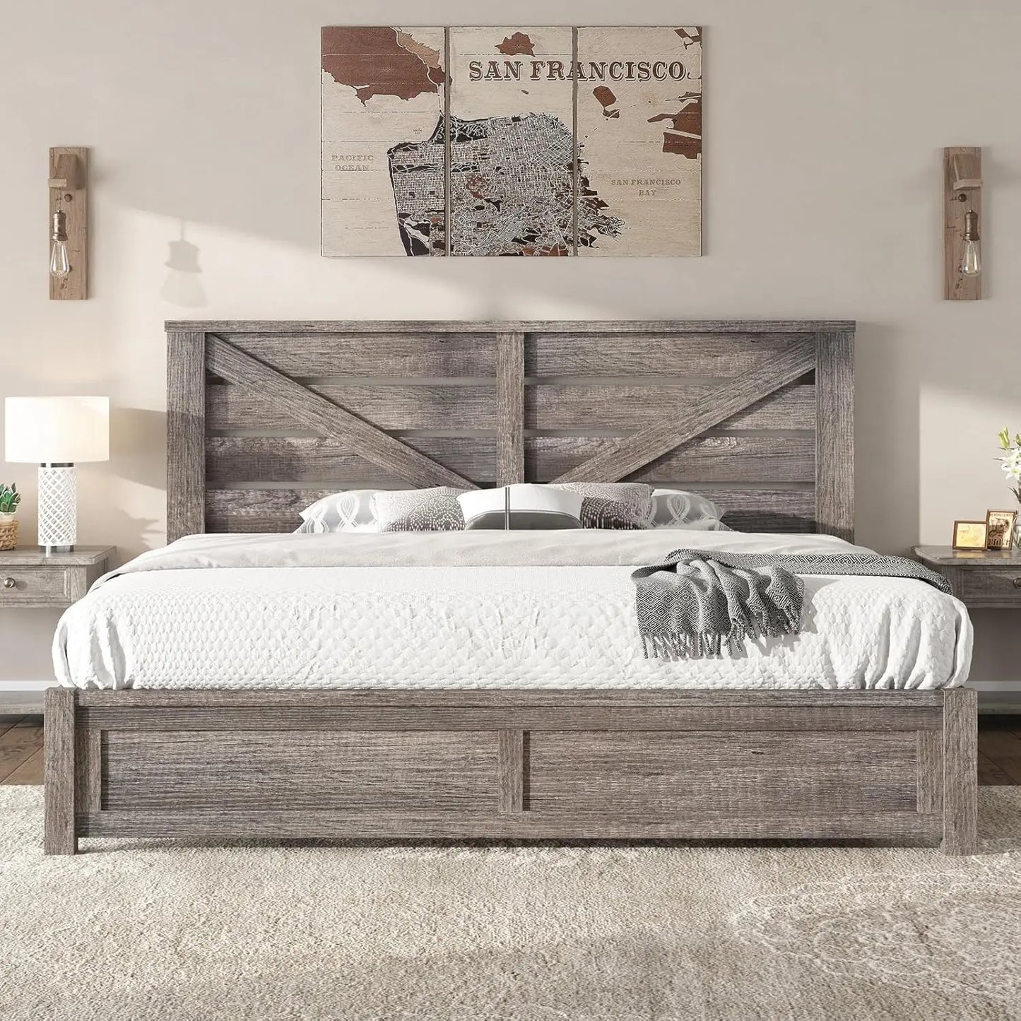 General Use King Bed Frame With Barn Door Headboard Rustic
