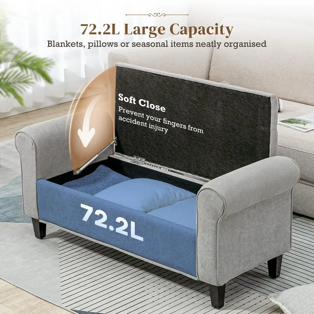 50 Storage Ottoman Bench, Upholstered End of Bed Bench with Rolled Arms, Wood Legs, Button Tufted Storage Bench with Safety Hin
