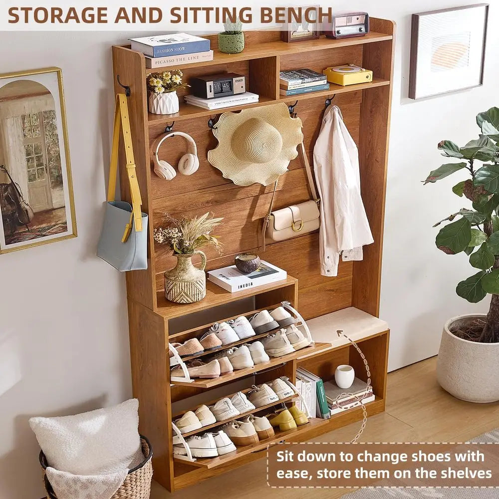 Boho Hall Tree With Bench And Shoe Storage For Mudrooms