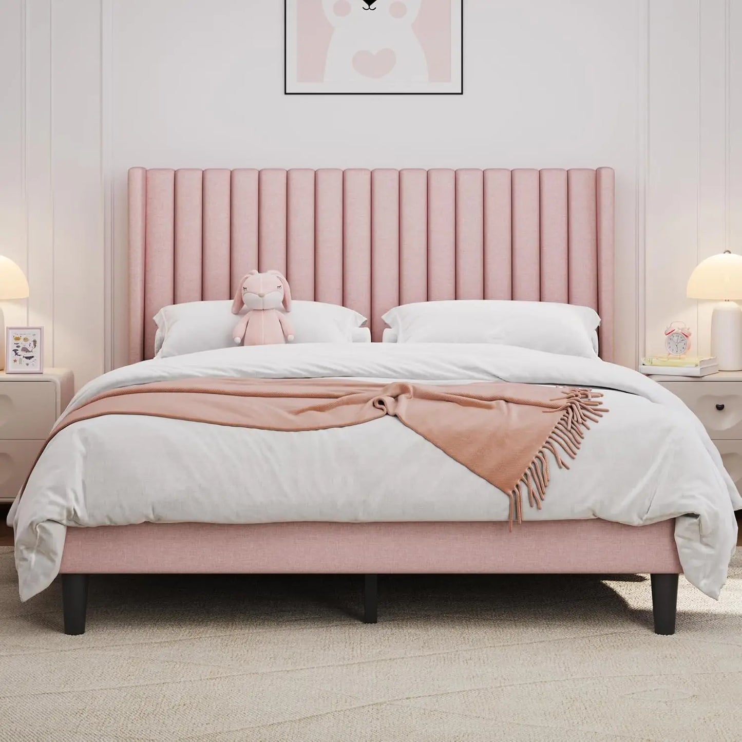 Upholstered Platform Bed Frame With Fabric Headboard Wing Edge NonSlip