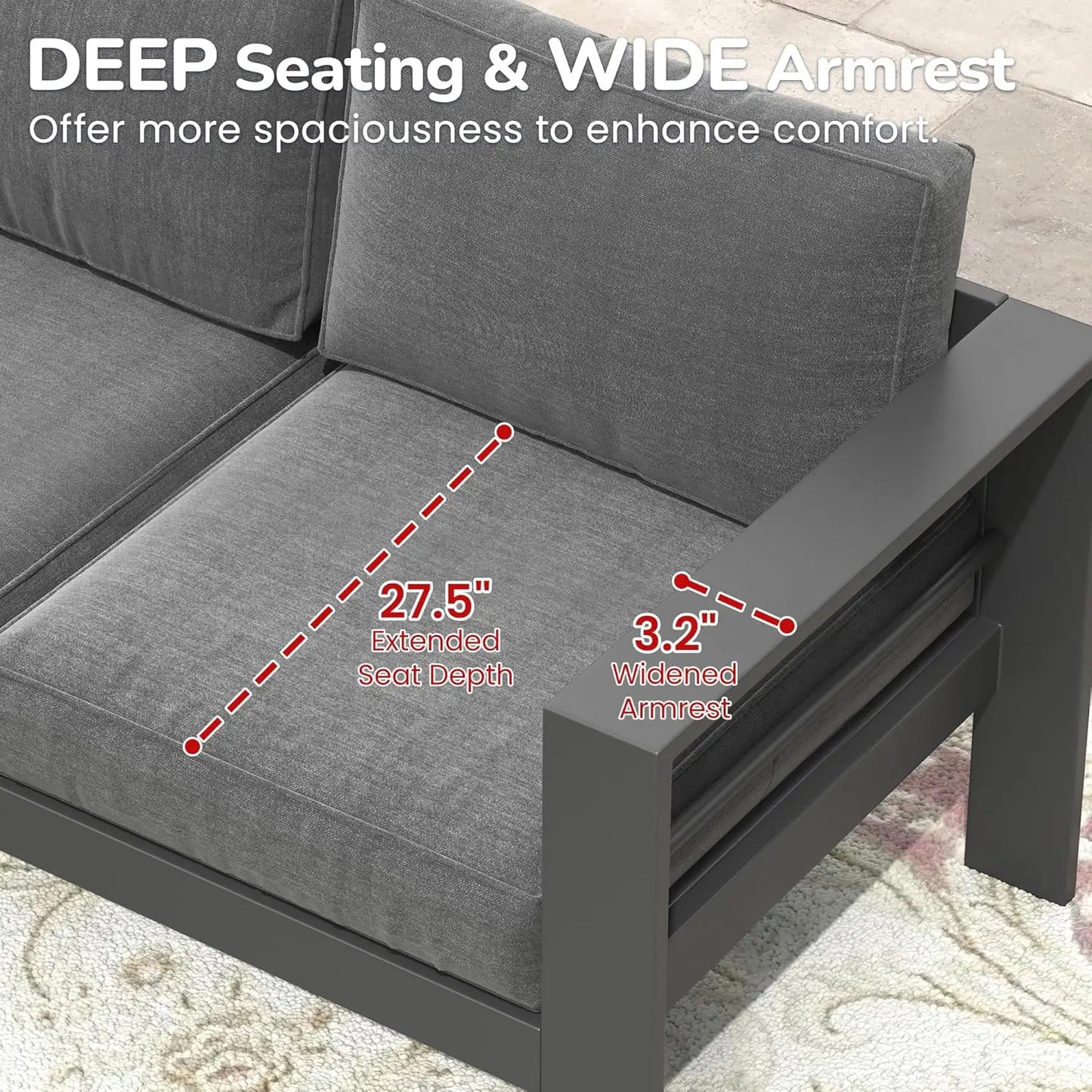 3 Seat Dark Aluminum Patio Sofa, All Weather Outdoor Couch with Cushions, Customized