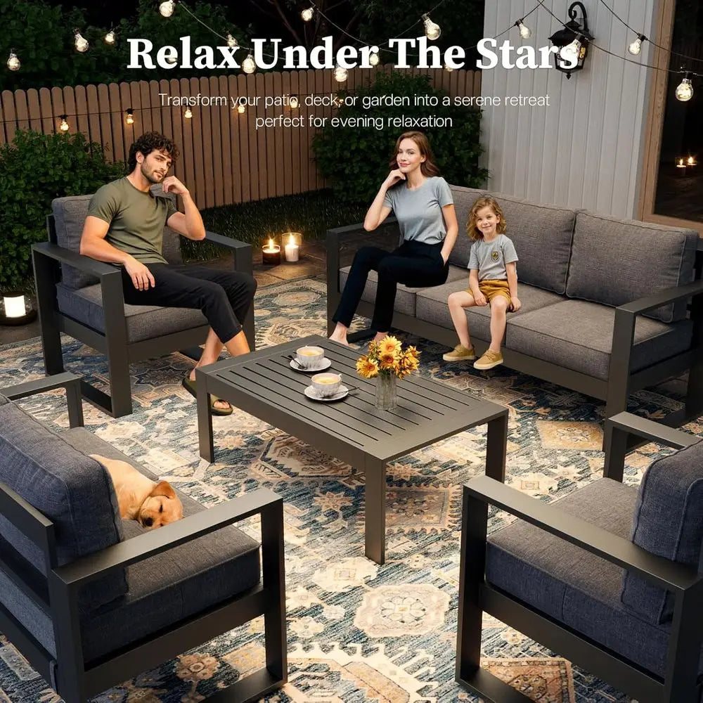 4 Piece Modern Aluminum Patio Furniture Set, Outdoor Patio Sectional Conversation Metal Seating Sets with Olefin Cushion and Cof