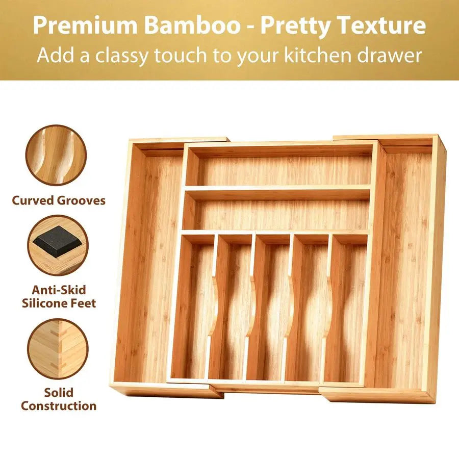 Bamboo Expandable Kitchen Silverware Drawer Organizer With Grooves