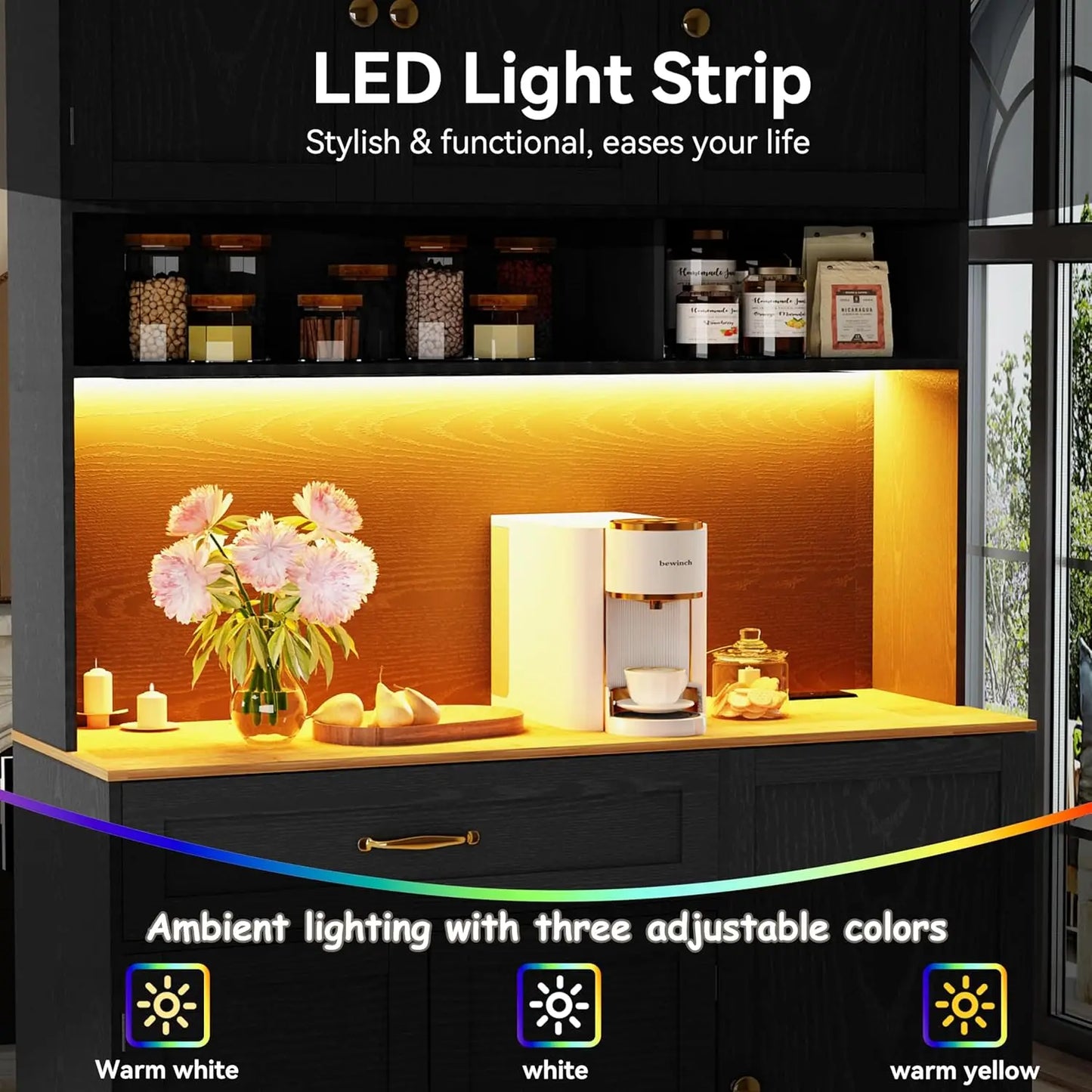 Guangbai Kitchen Pantry Cabinet With LED Light And Charging Station