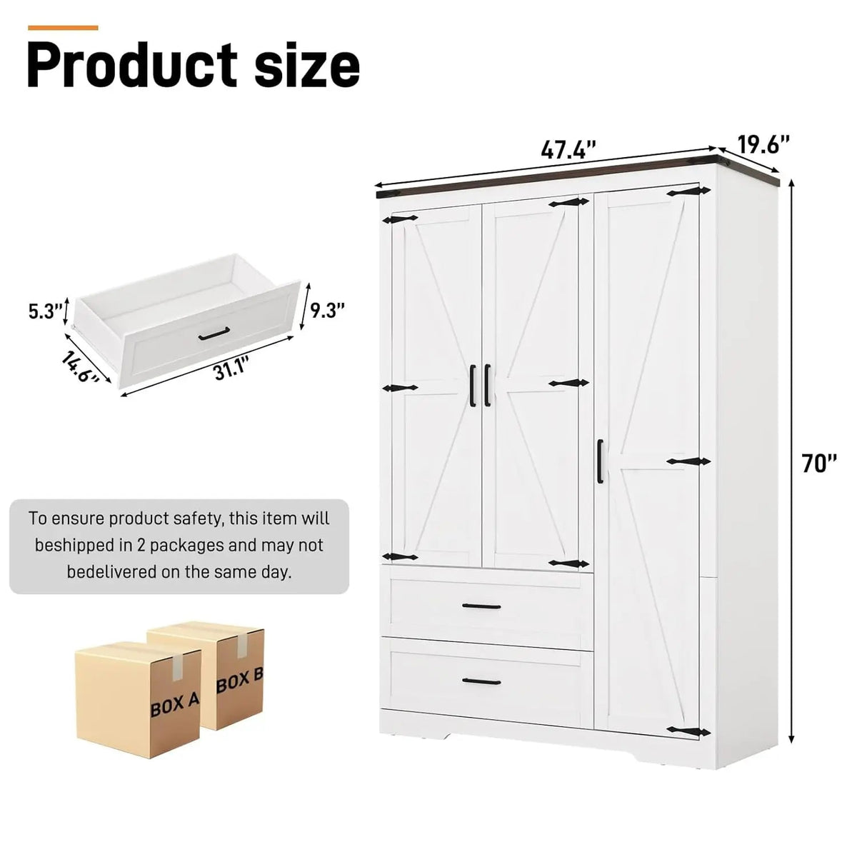 Farmhouse Wardrobe Armoire Closet with 3 Doors and 2 Drawers, 70.1" Wooden Clothing Storage Cabinet, Freestanding Large, Custom The Pet & Home Store