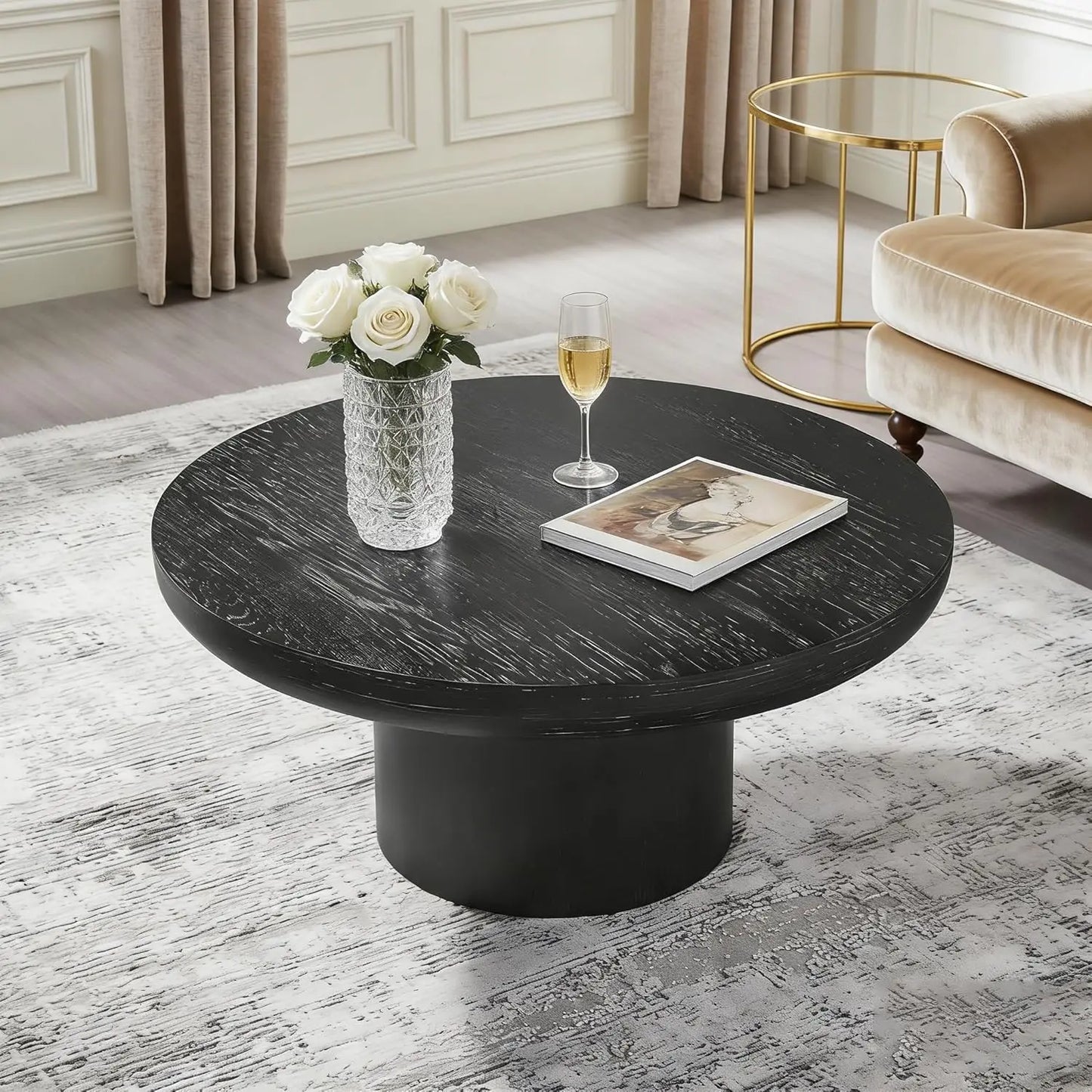 Wood Pedestal Coffee Table For Living Room Minimalist Modern Circle