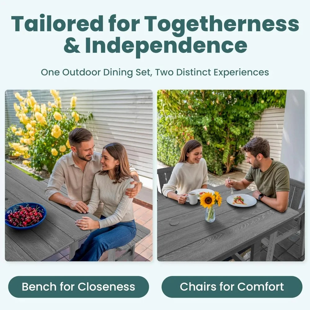HDPE Outdoor Dining Set With Table Chairs Bench Umbrella Hole