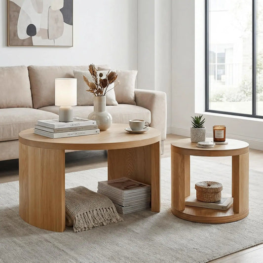 Round Nesting Coffee Tables Set of 2 With Storage Wood
