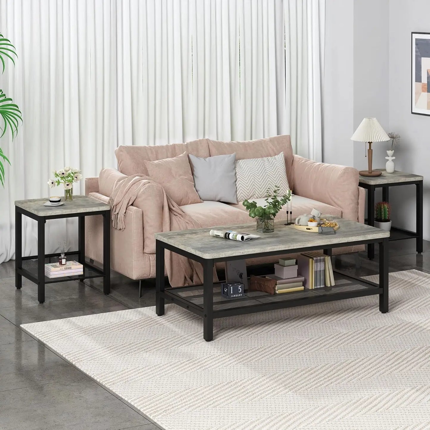 Industrial Coffee Table Set of 3 With Adjustable Legs