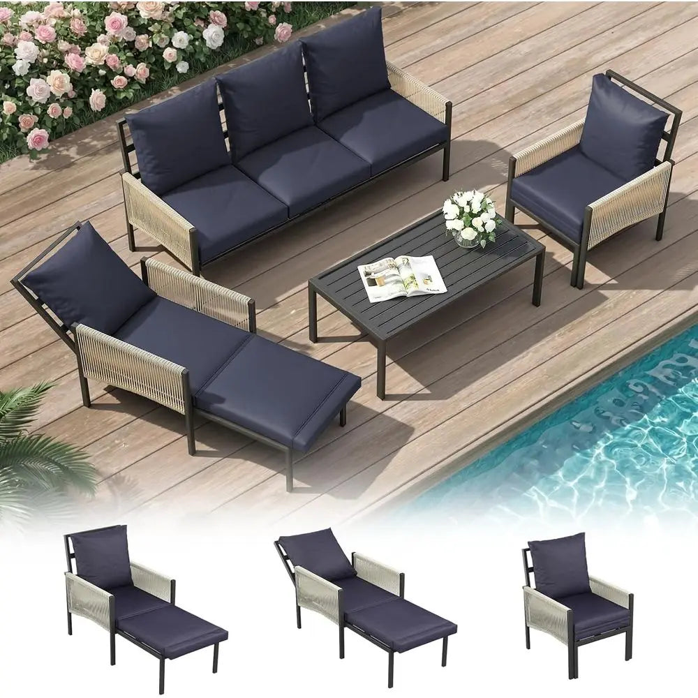 Aluminum Patio Furniture Set 5 Seats Outdoor Sectional Sofa Couch with Coffee Central Table Patio Conversation Sets for Porch D