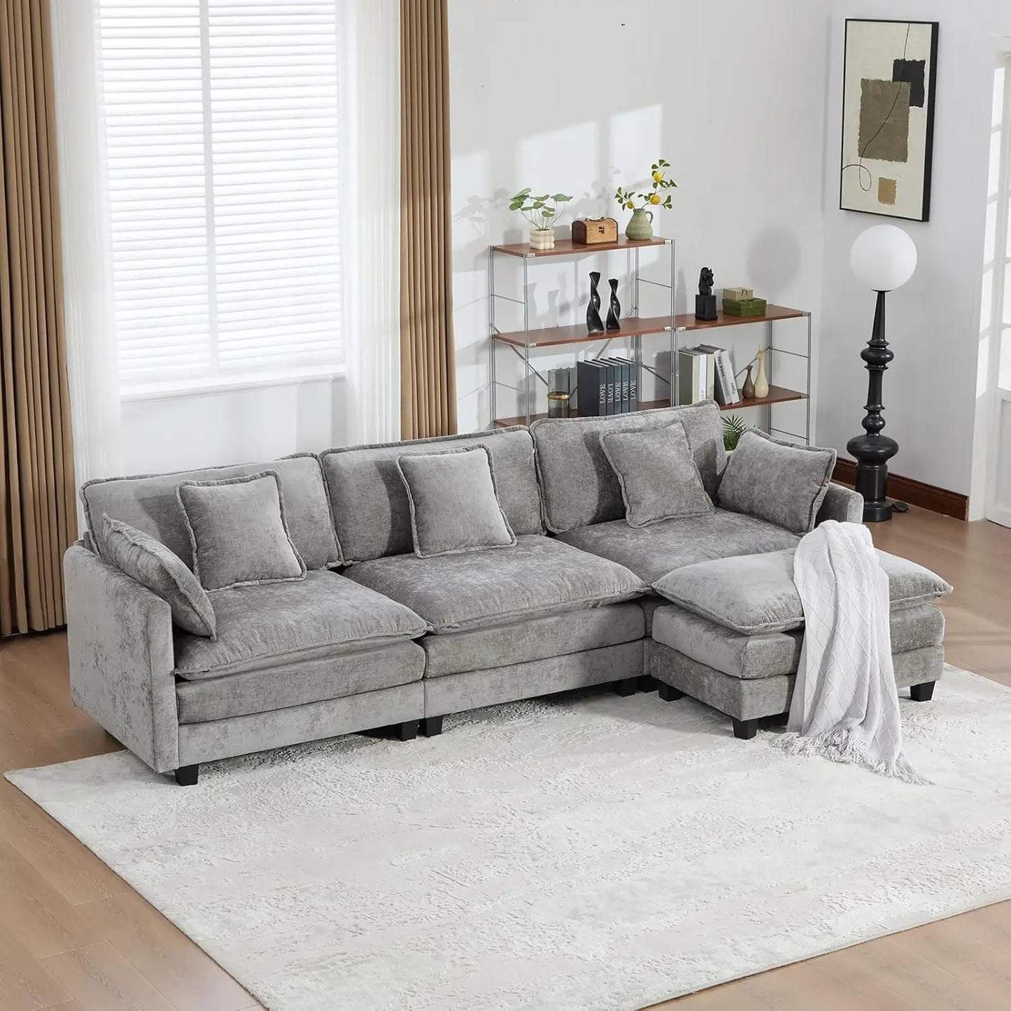 111.5" Blue Modular Sectional Sofa Chenille Deep Seat L-Shape Oversized Living Room Set With Ottoman, Customized