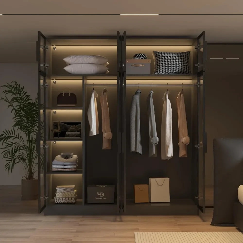 Wardrobe Cabinet With LED Light Strips Modern Armoire Glass Doors