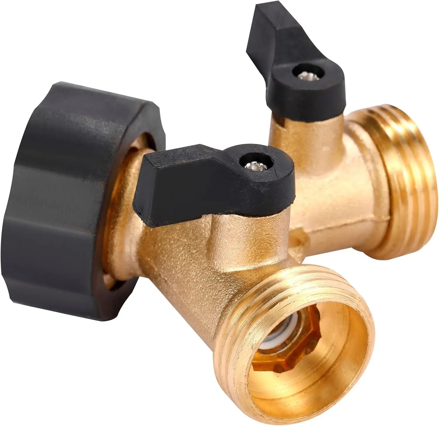 Heavy Duty Brass Garden Hose Splitter 2 Way Y Connector with Shut Off Valves for Standard Faucets