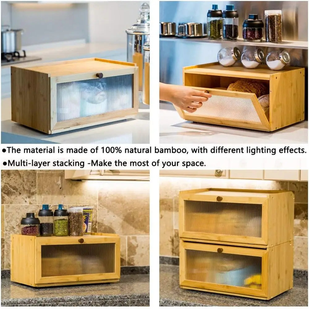 Bamboo Bread Box Large Capacity Bread Storage Container with Window Bread Holder