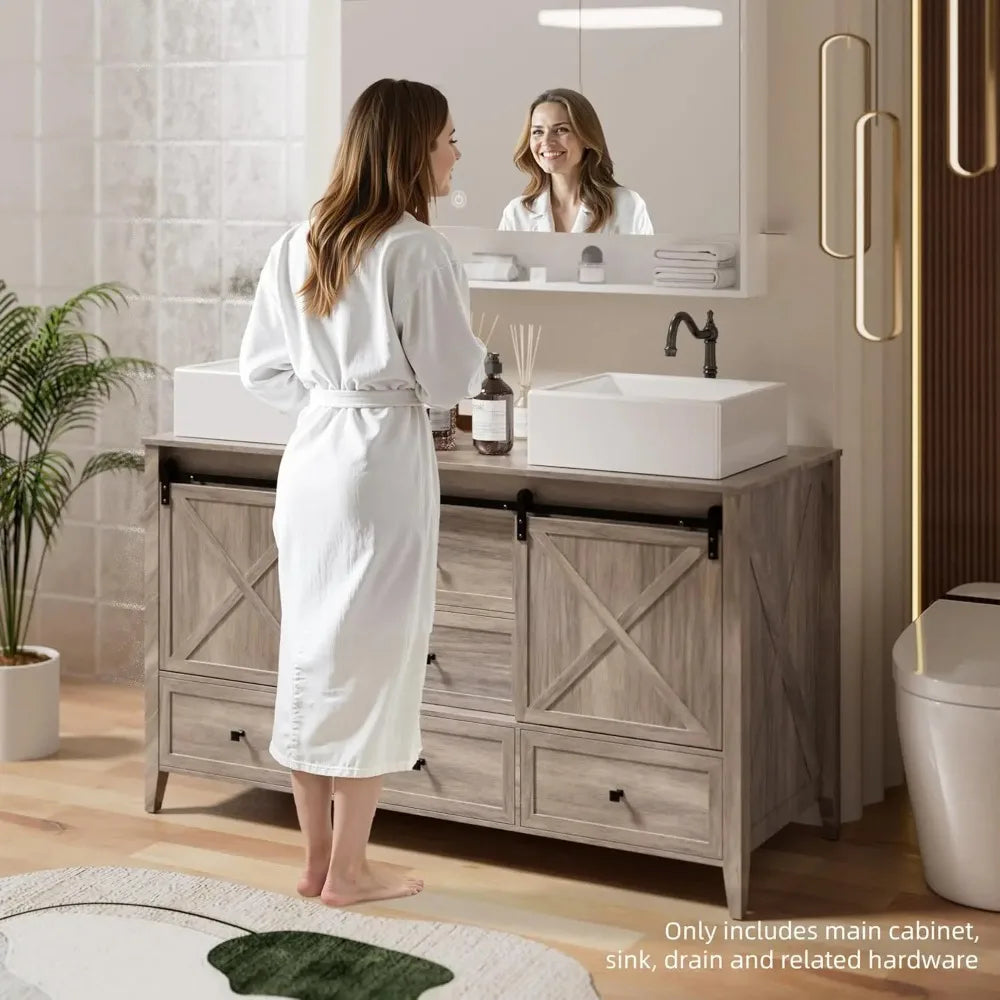 Bathroom Vanity with Sink, 60 Inch Bathroom Vanity Double Sink Ceramic, Freestanding Cabinet, Grey Wood Grain