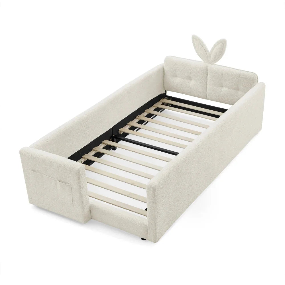 Twin Size Upholstered Platform Bed with Cute Rabbit Ear Shaped Headboard, with Safety Rail and Pocket, Boucle Fabric, Beige The Pet & Home Store