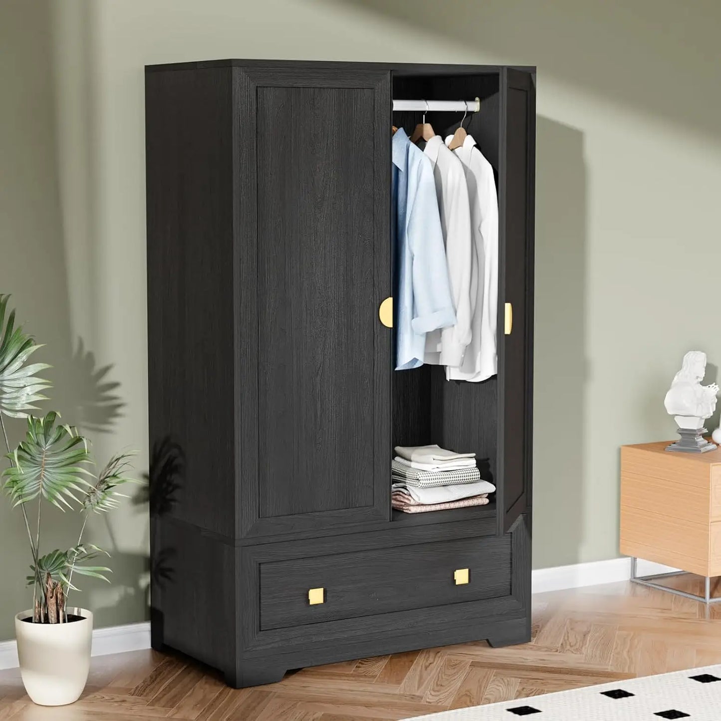 Wood Armoire Wardrobe Cabinet With Drawers And Hanging Rod
