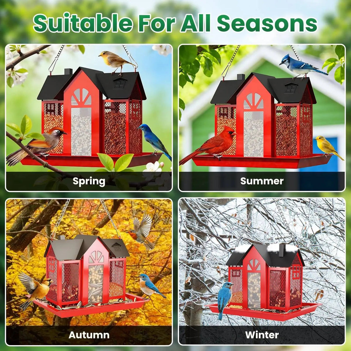 Metal Hanging Bird Feeder House Classic Barn Bird Feeder House Iron Hanging Outdoor Feeder with Visible Window and Lift Top Lid The Pet & Home Store