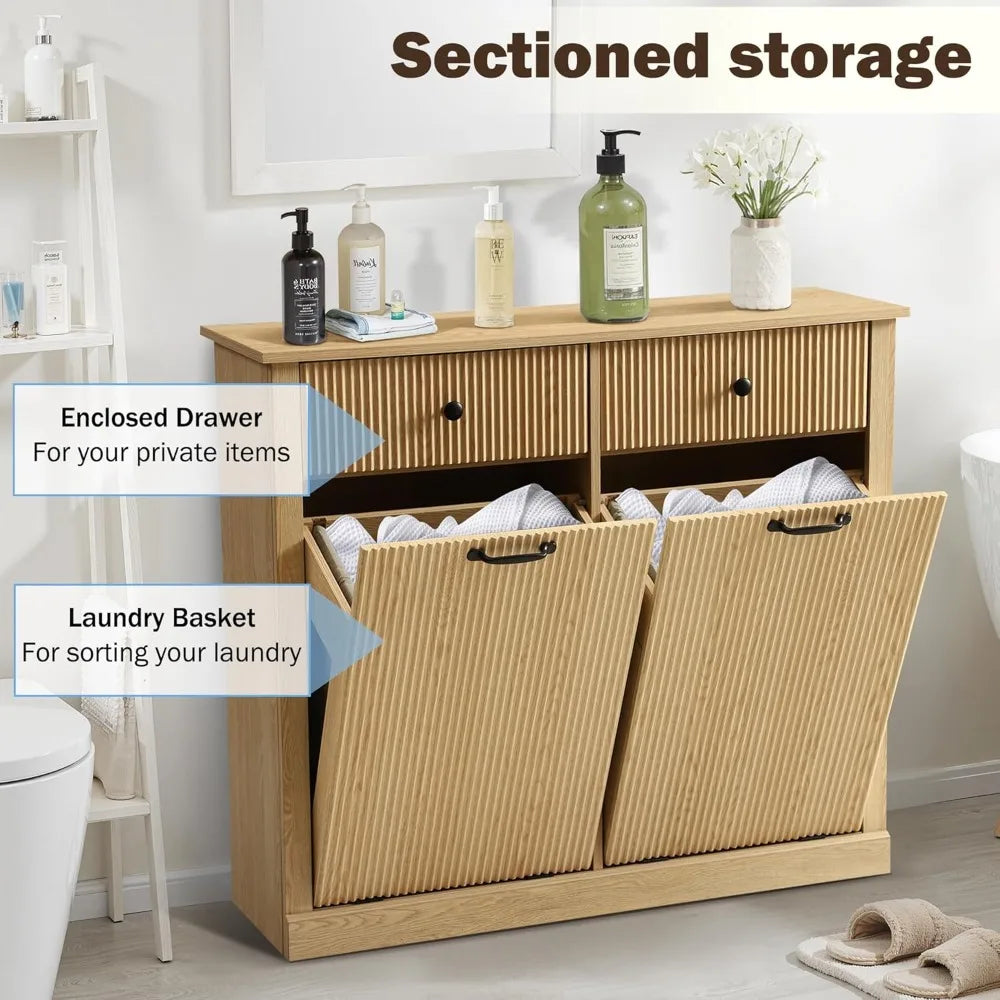 Double Tilt Out Laundry Basket Cabinet With Drawer Wood Storage