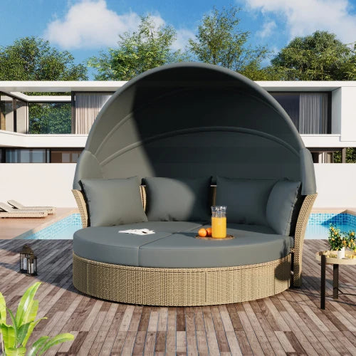 Outdoor terrace sofa bed, wicker rattan double bed, circular sofa furniture set, with retractable ceiling, 4 pillows, gray