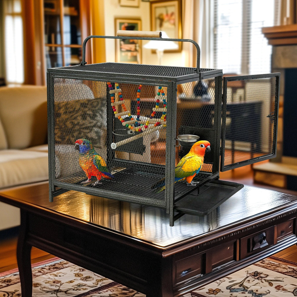 Wrought Iron Bird Travel Carrier Cage Parrot Cage with Handle Wooden Perch & Seed Guard for Small Parrots Canaries Budgies Parro The Pet & Home Store