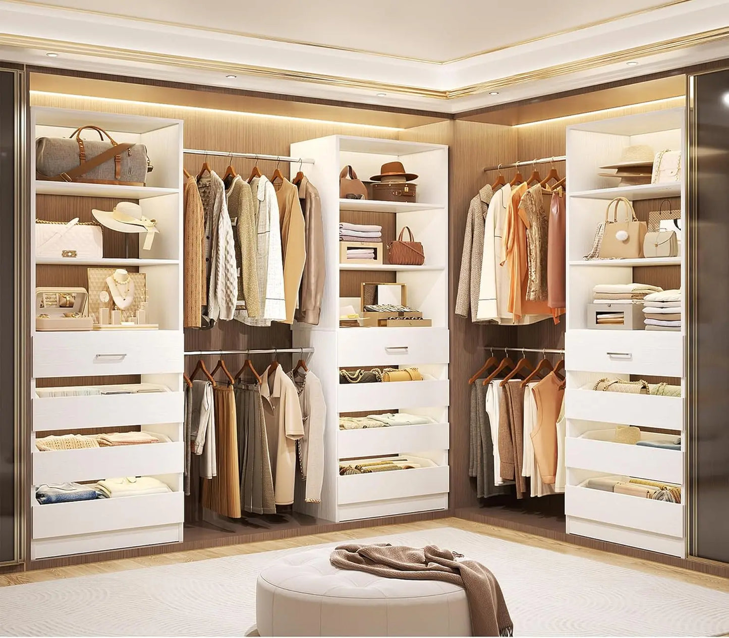 Wooden Closet Organizer System With 4 Rods And 12 Drawers