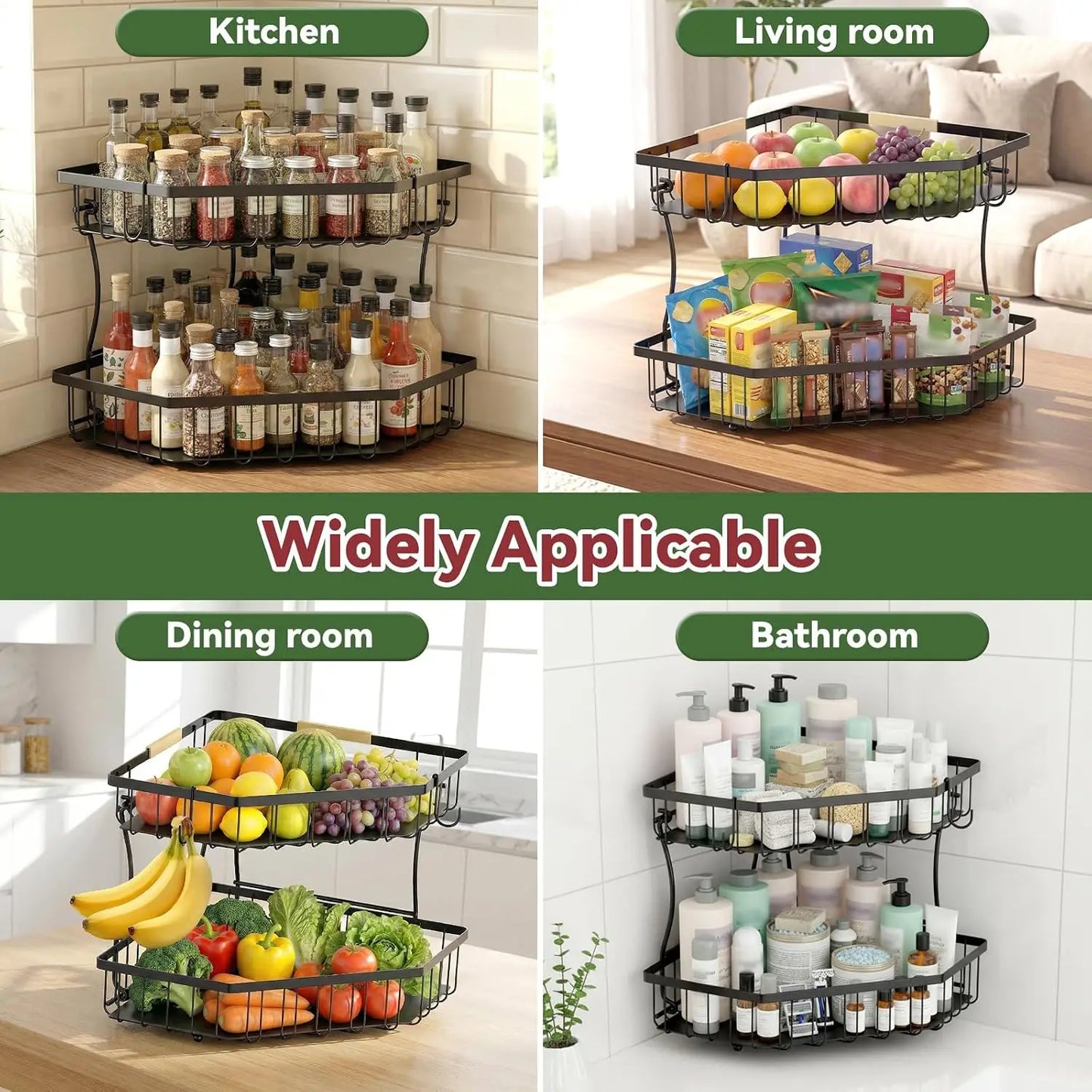 2-Tier Fruit Basket for Corner with Banana Hangers, Detachable, Large Capacity, Black