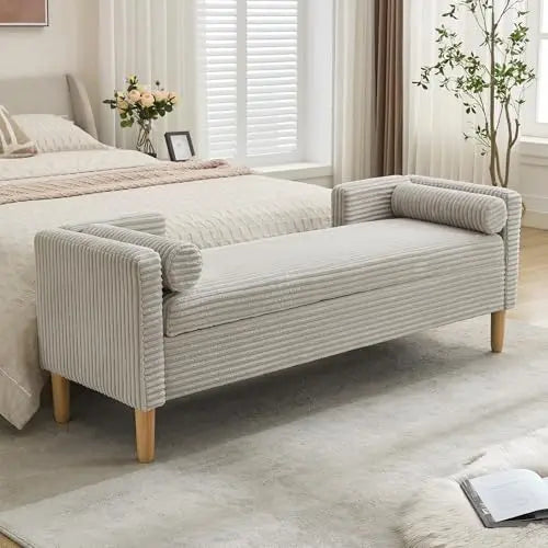 # Bed Storage Bench Upholstered Long Corduroy Window Bench Seat With Arms & Pillows For Bedroom