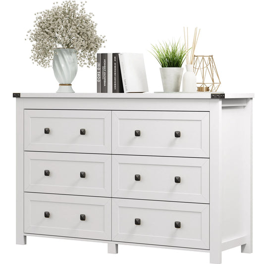 Wood 6 Drawer Dresser, 47" Wide Modern Double Chest of Drawers for Bedroom Nursery, Large Dresser Storage Cabinet