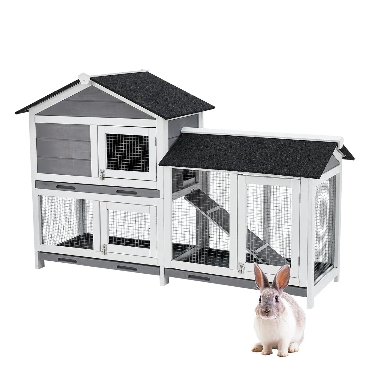 63in Bunny Hutch Indoor, Wooden Rabbit Cage 2-Tier With 3 Removable Trays, Waterproof Roof Bunny House Outdoor Coop The Pet & Home Store