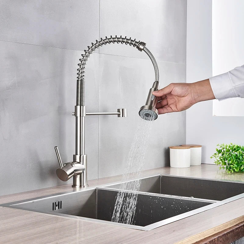 Spring Pull Down Kitchen Faucets Stainless Steel Stream Spray Sink Faucet Hot Cold Water Tap Rotation Kitchen Mixer Tap