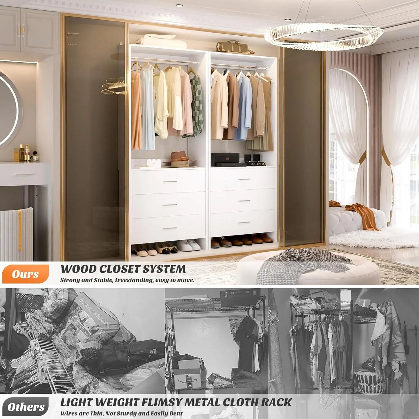 Wood Closet Organizer System With Hanging Rods For Walk In Wardrobe Set Of 4