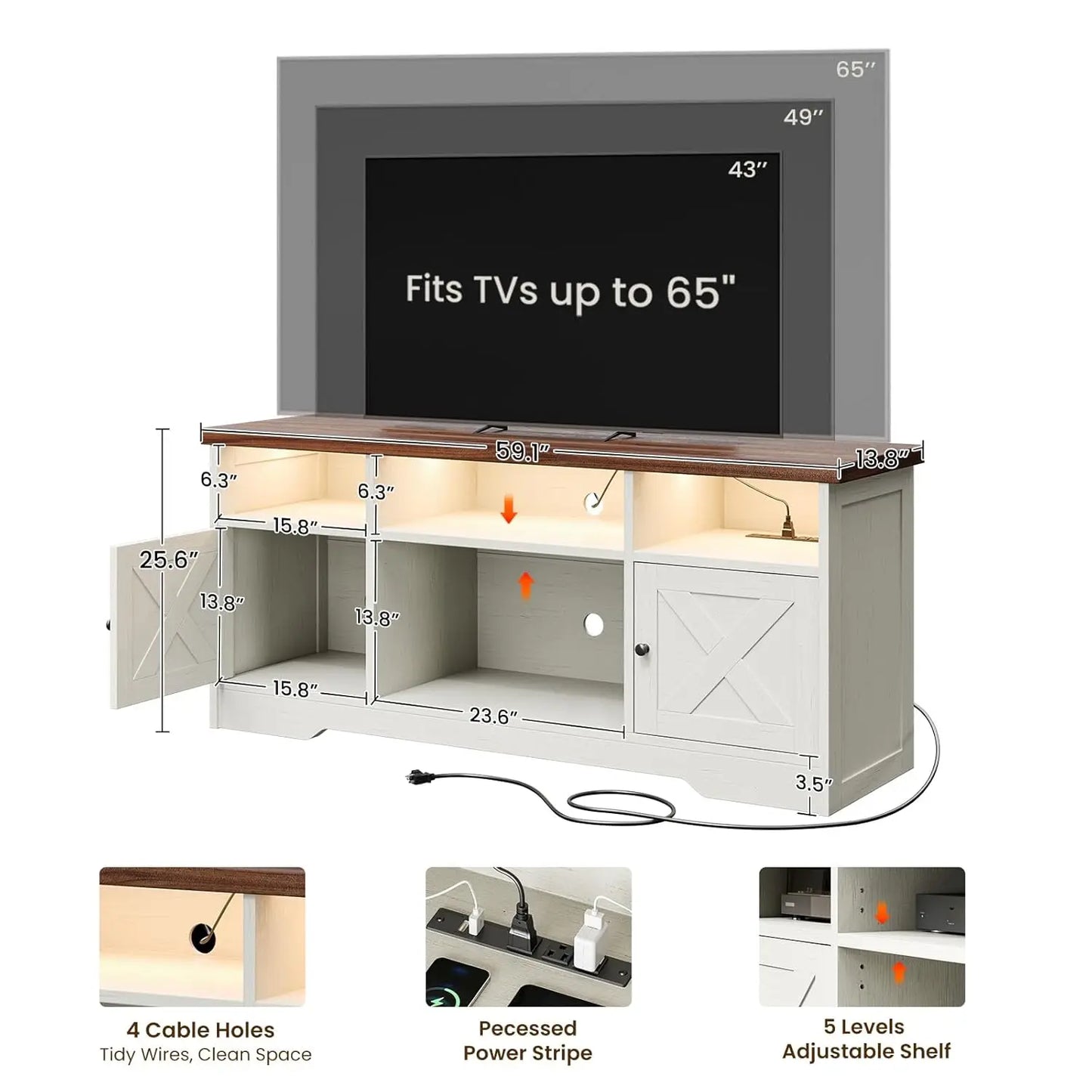 Farmhouse TV Stand with Power Outlet LED Light Storage Cabinets for Living Room Bedroom White, Customized