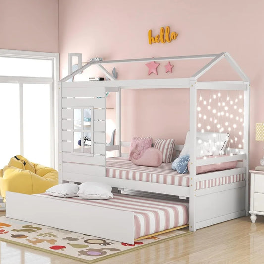 Wood House Bed With Trundle Twin Daybed For Kids Durable