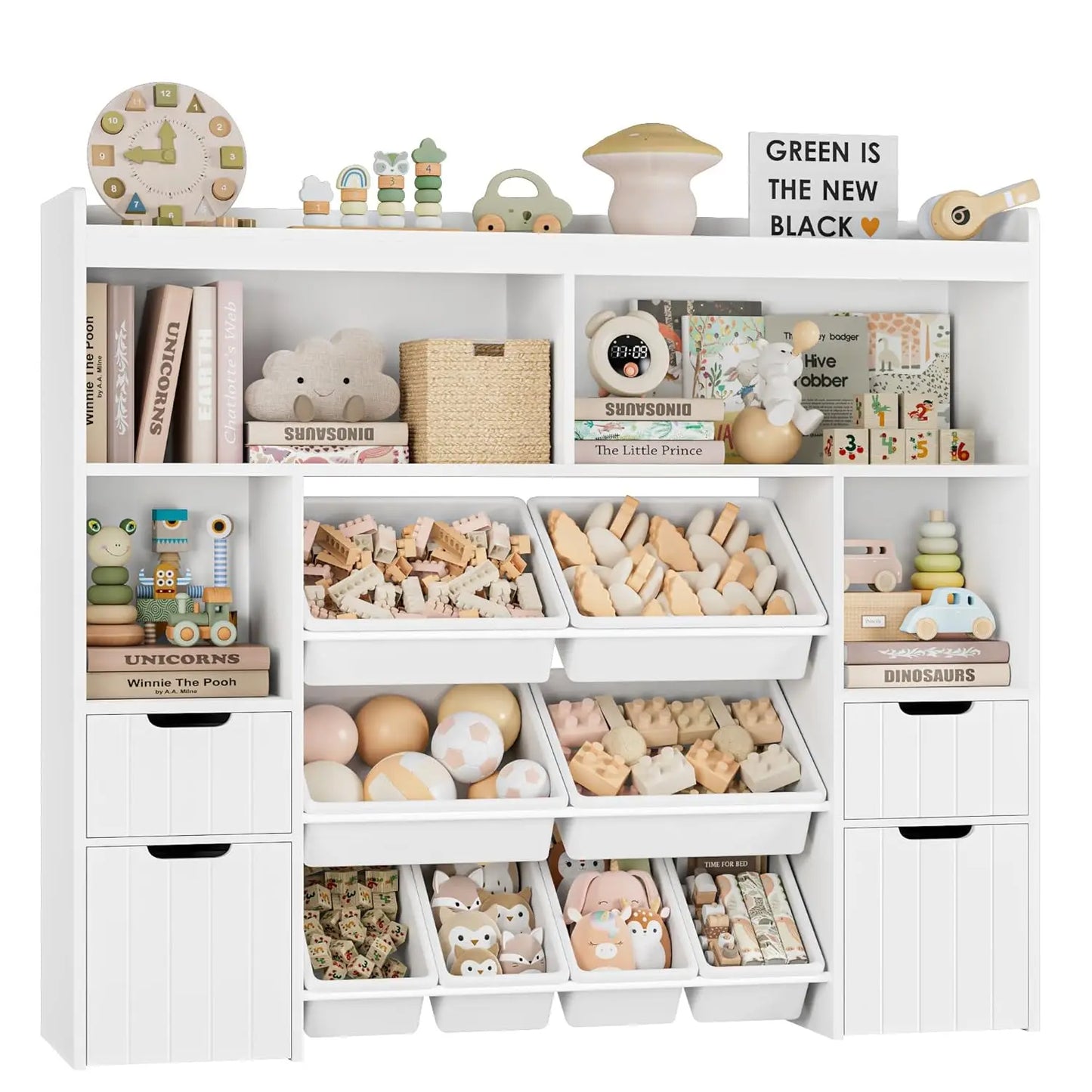 Wood Toy Storage Organizer With Drawers And Removable Bins